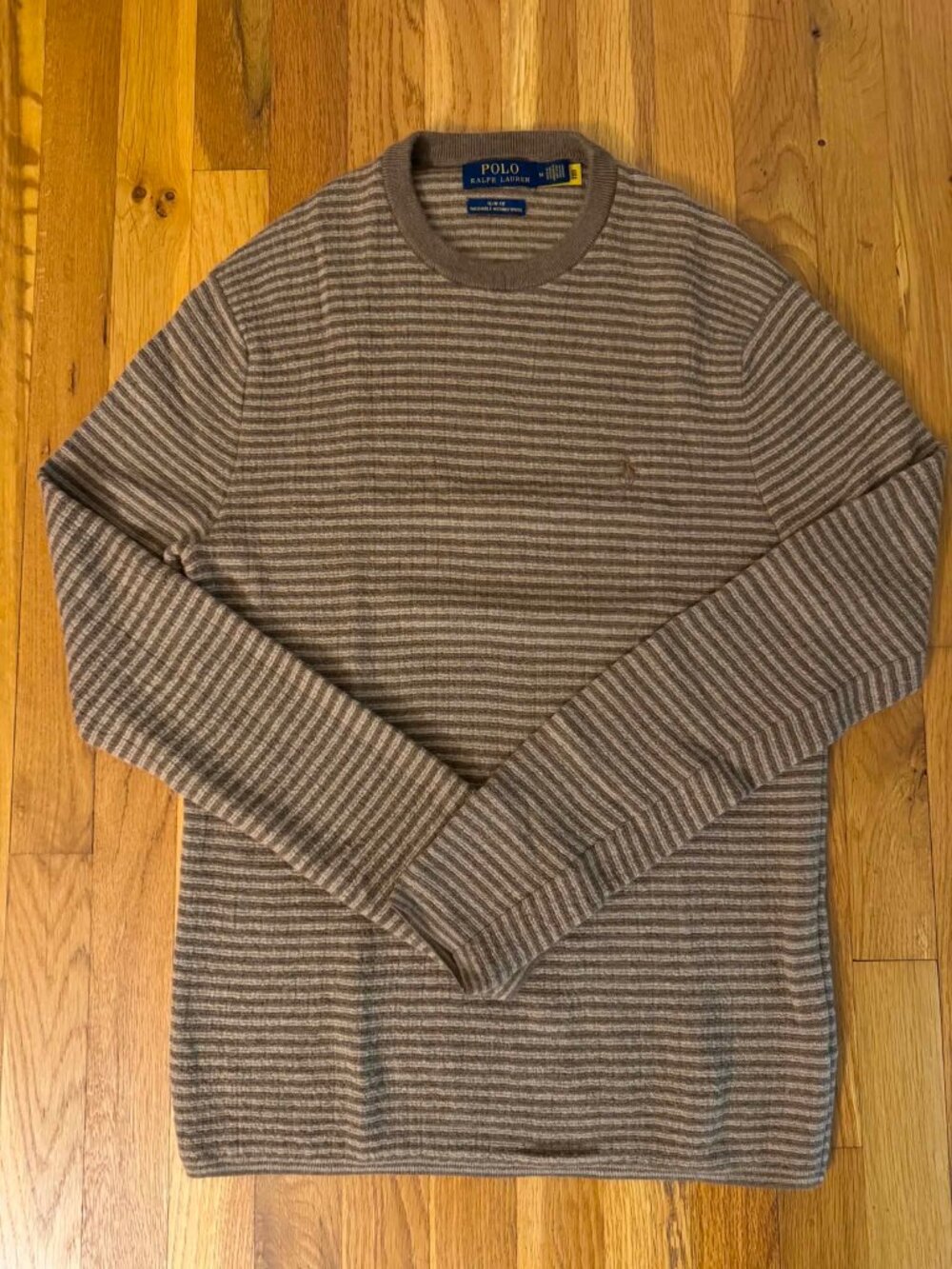 Polo Ralph Lauren Men’s  Slim Camel Striped Merino Wool Crewneck Sweater Medium